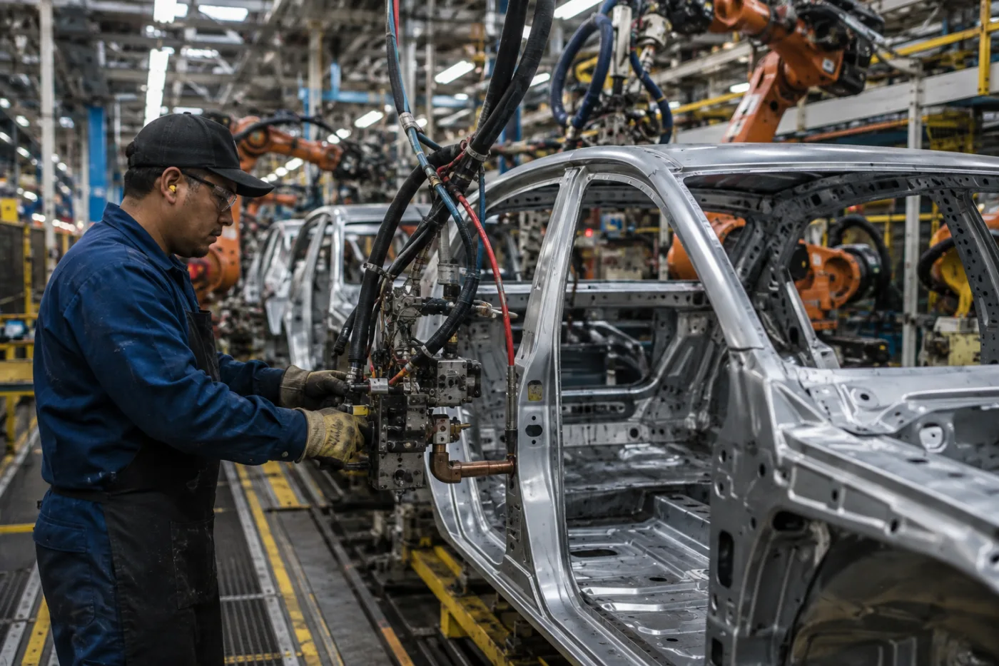 A factory worker operating tooling beside an automobile body on an assembly line.