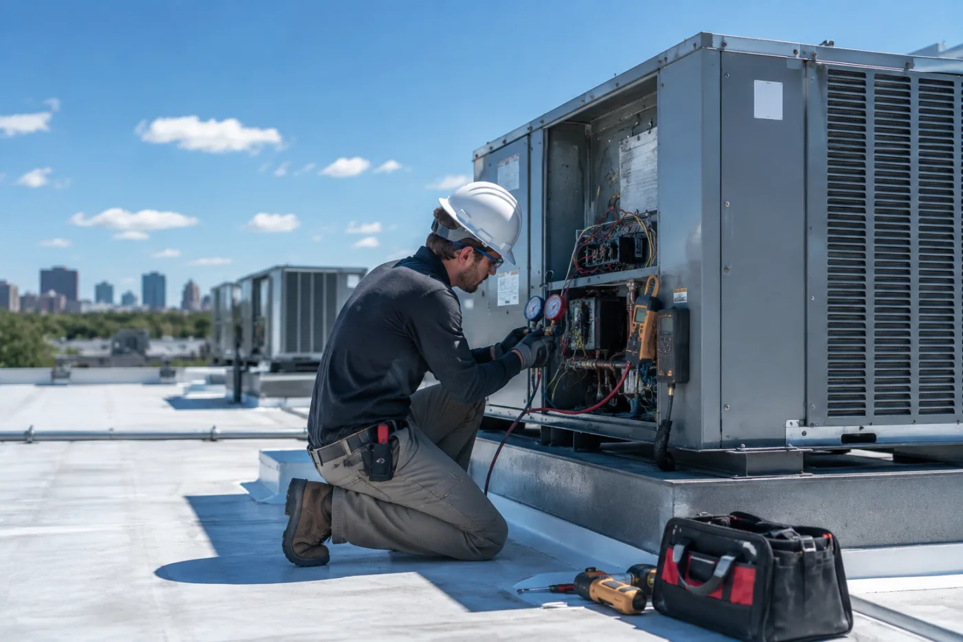 A rooftop HVAC technician inspecting an open unit with tools beside him.